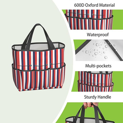 Classic Garden Tool Bag - Waterproof Blue Checkered Garden Tote with 8 Pockets, Large Storage Home Organizer Gardening Tool Oxford Bag for Garden Tools Kits Holder, Gardening Gift for Women & Men