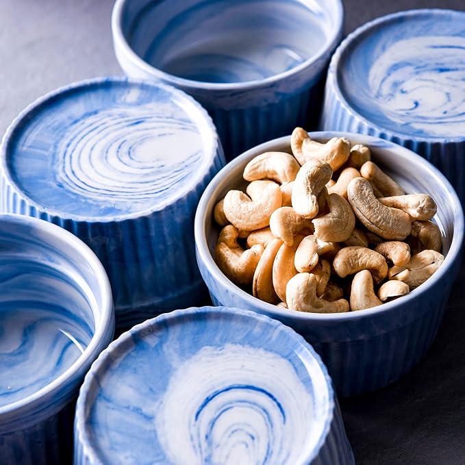 Yundu 8 Ounce Blue Marble Ceramic Ramekins, Set of 6