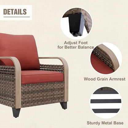 Modern Wicker Bistro Table and Chairs Set, Rattan Outdoor Bistro Set with Patio Chairs, Ottomans & Table, 5 Pieces, Brown/Red