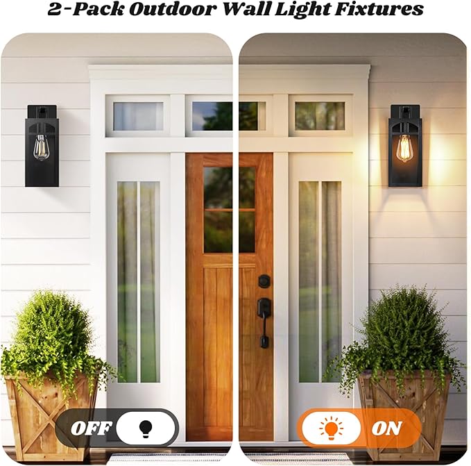 Outdoor Wall Lanterns, Exterior Waterproof Matte Black Wall Light Fixtures, Sconces Lighting with Clear Glass Shade, Anti-Rust E26 Socket Lights for Porch Entryway Patio, 2 Pack
