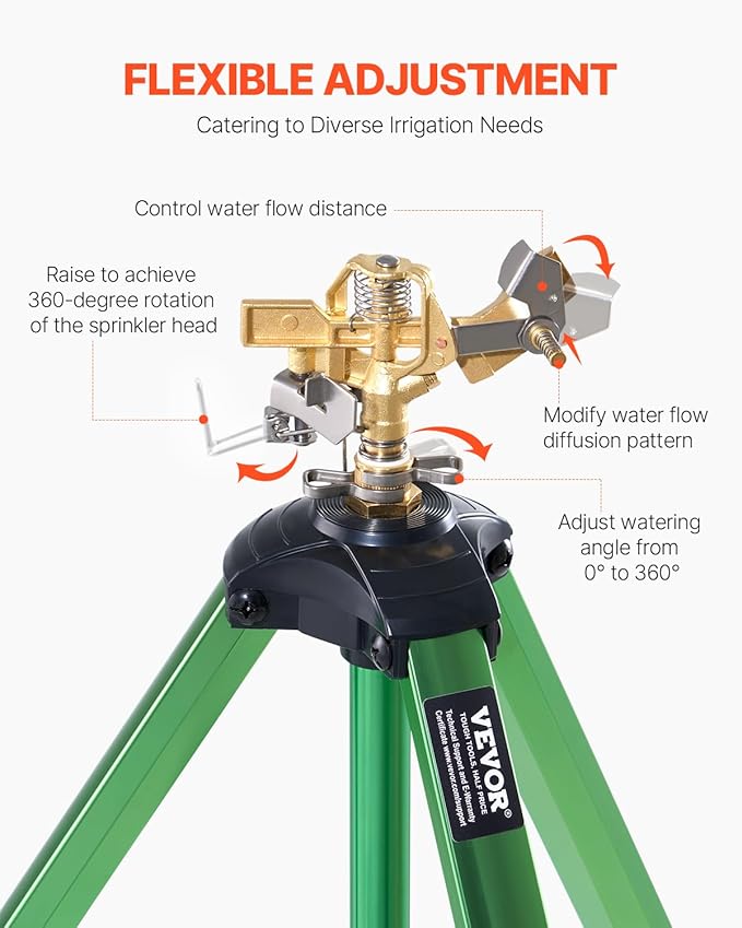 VEVOR Impact Sprinkler on Tripod Base, 2 Packs, Heavy Duty Tripod Sprinklers with Brass Head & 3/4" NH Connector, 360 Degree Large Area Irrigation Sprinkler, Adjustable Heights Sprinkler for Yard
