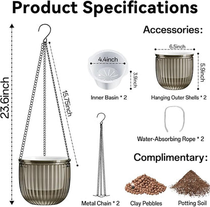 Halatool 2 Pack Self Watering Hanging Planters for Indoor Plants- 6.5 Inch Outdoor Hanging Flower Pots with 2 Metal Chains for Garden Home Wall Decor (Starry Gray)