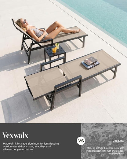 Patio Chaise Lounge Chair Outdoor with Wheels&Armrests, Aluminum Pool Lounge Chairs Five-Position Adjustable Recliner with Side Table, Outdoor Beach Lounge Chairs for Outside, Deck, Yard, Khaki