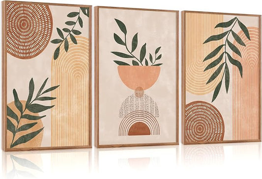 CHDITB Framed Boho Wall Art Set of 3, 16"x24" Mid Century Modern Wall Decor, Bohemian Sun Geometric Painting, Large Abstract Canvas Art Print for Living Room, Bedroom, Dining Room, Office, Bathroom