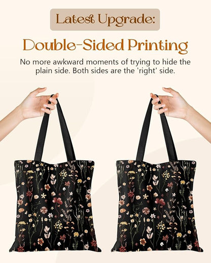 Miss Adola Canvas Tote Bag for Women – Aesthetic Canvas Bag with Zipper Cute Stylish Reusable Shoulder Totes for Shopping Work Daily Vacation, Black Grow Flower