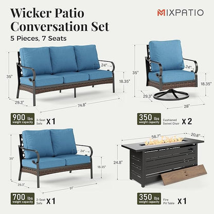 Patio Furniture Set with Firepit Table, Black Frame Outdoor Conversation Set with 2 x Swivel Chairs, 1 x 2-Seat Sofa, 1 x 3-Seat Sofa for Lawn Garden Backyard, Navy Blue
