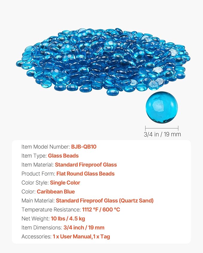 VEVOR Fire Glass, 10 lbs / 4.5 kg High-Temperature Resistant Fireplace Rocks, 3/4-Inch / 19.05 mm Reflective Firepit Glass Beads, High Luster Stone Landscaping for Fire Pit Table, Caribbean Blue