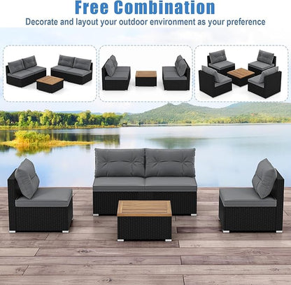 RELAX4LIFE 5-Piece Wicker Outdoor Furniture - PE Rattan Sectional Conversation Set w/4 Armless Sofas & Acacia Wood Coffee Table, Cushioned Patio Sofa Set for Garden Poolside Backyard Porch (Grey)