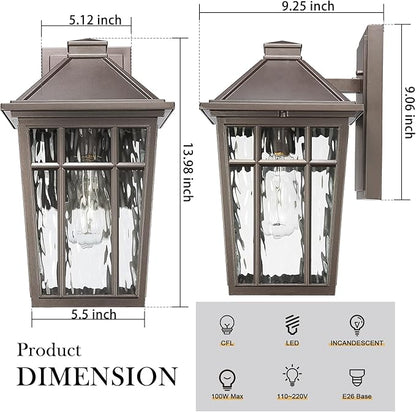 Darkaway Large Outdoor Sconce Lights Wall Light Fixtures,14inch Exterior Porch Light Outdoor Sconce Anti-Rust Outside Light with Water Ripple Glass for Patio Yard Garage, 2 Pack