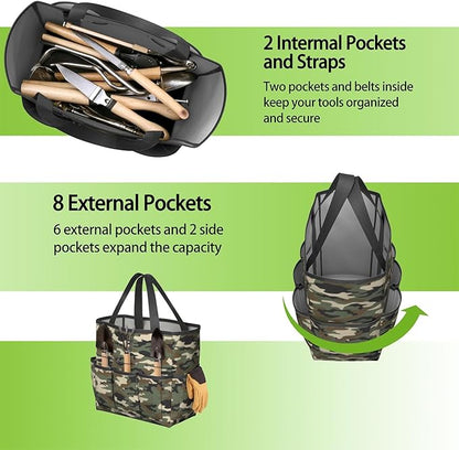 Green Camo Garden Tool Bag - Waterproof Garden Tote with 8 Pockets, Large Storage Home Organizer Gardening Tool Oxford Bag for Garden Tools Kits Holder, Ideal Outdoor Gardening Gift for Women & Men