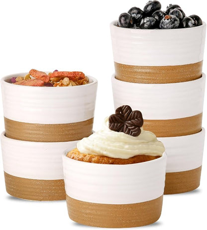 Hasense Ramekins Set of 6, 8 Oz Oven Safe Dessert Bowls, Farmhouse White Ramekins for Creme Brulee, Souffle, Custard, Pudding & Dipping Sauces, Kitchen Decor