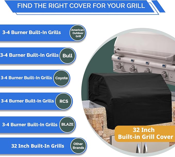 Covers & All Built-in Grill Cover for Outdoor Grill – Heavy Duty 12 oz Waterproof Built-in BBQ Grill Cover, PVC-Coated Polyester with Elastic Hem for Snug Fit (32.7 x 26 x 11.8 inches, Black)