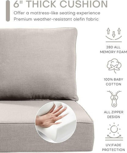 Luxury 22x24/22x25 6-Inch Outdoor Cushions - Water Resistant 1 Set Zippered Patio Chair Back&Seat Cushion for Wicker Dining Rocking Swivel Chairs Loveseat Couch Sectional Sofa - Beige