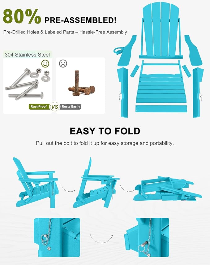 Folding Adirondack Chairs - Plastic Adirondack Chairs with Cup Holder, Weather Resistant for Outdoor, Patio, Lawn, Garden, Backyard Deck, Fire Pit - Turquoise