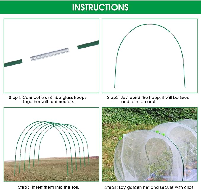 Garden Netting Kit, 10x30FT Ultra Fine Mesh Netting ＆6 Sets of 8FT Fiberglass Garden Hoops for Raised Beds, Vegetable Plants Fruits Flowers Birds Animals Barrier Protection Net