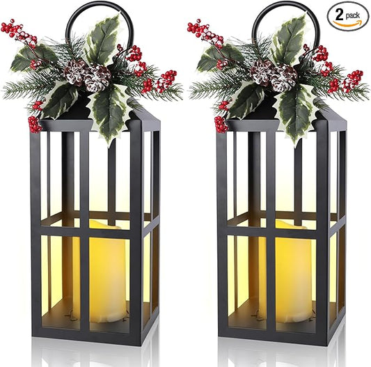 Taman Christmas Lantern,2 Pack Hanging Flickering Candle Lanterns Decorative Metal Vintage Light Battery Operated Umbrella Lights for Christmas Patio Garden, Table,Party Decor