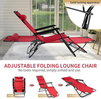 Outvita Folding Chaise Lounge Chair, Outdoor Adjustable Recliner Chair with Pillow for Camping, Beach, Poolside, Garden, Backyard, Lawn