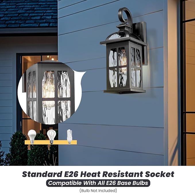 Outdoor Wall Laterns 15 Inch Height Outdoor Wall Light Fixtures Die-Cast Aluminum and Water Ripple Glass Black Finish Anti-Rust Outside Sconce Porch Lights for House Garage Doorway