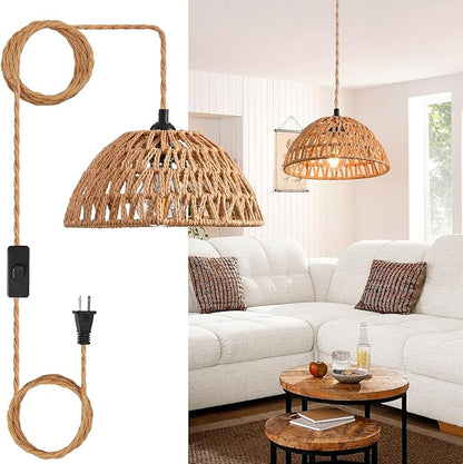 Plug in Pendant Light, Industrial Hanging Light with Plug in Cord Hemp Rope On/Off Switch Farmhouse Pendant Lamp with Plug in Cord, Vintage Hanging Lamps for Dining Room