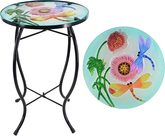Dragonfly Patio Side Table, Small Patio Outdoor Side Table, Plant Table,Metal Glass End Table for Porch Garden Yard Pool.