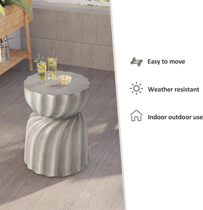 HOMPUS Unique Outdoor Concrete Side Table, Garden Stool, Round Patio MgO End Table, Lightweight Small Accent Table for Indoor Outdoor Use, Patio, Garden, Backyard, Natural Grey