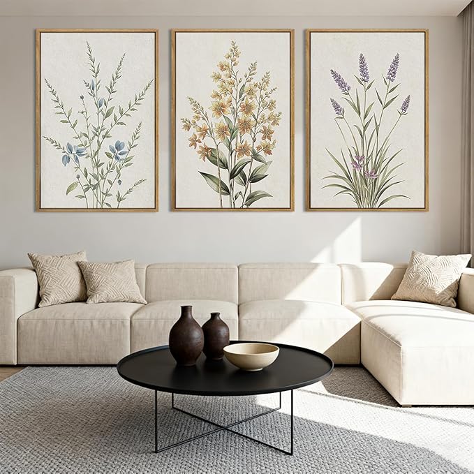 Anyzal Extral Large Botanical Framed Wall Art 24x36 Inch Neutral Floral Canvas Wall Decor Minimalist Beige Wildflower Painting for Living Room Bedroom Dining Room Set of 3