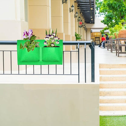 Miewslan Hanging Railing Grow Bag, 4 Pocket Vertical Planter Garden Plant Hanger Grow Bags, Both Sides Fence Fabric Hanging Planter Bag for Salads, Herbs, and Flowers (Green)