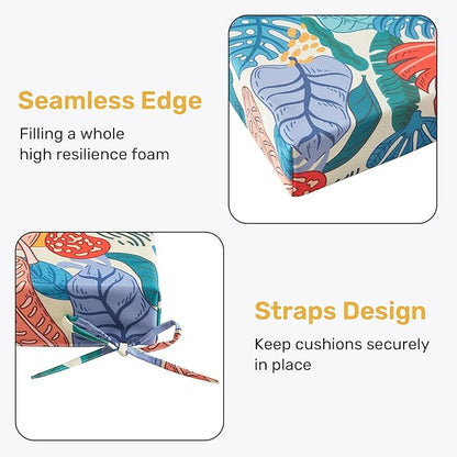 UNIKOME Outdoor Chair Cushions Pack of 4, Water Resistant Patio Cushions with Ties, High Density Sponge Filling Square Corner Seat Cushions for Outdoor Furniture, 19"*19"*3", Palm Tropical