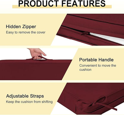 downluxe Waterproof Outdoor Chair Cushions Set of 4, 19" x 19" x 3" Patio Chair Cushion with Non-Slip Ties & Handle, Square Outdoor Cushion for Patio Furniture with Removable Cover, Burgundy