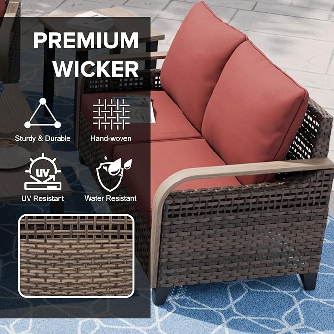 COOS BAY Modern Wicker Outdoor Furniture Set, Patio Conversation Set with Swivel Rockers, 2 Seat Loveseat, Coffee Table and Side Table, 5 Piece, Brown/Red