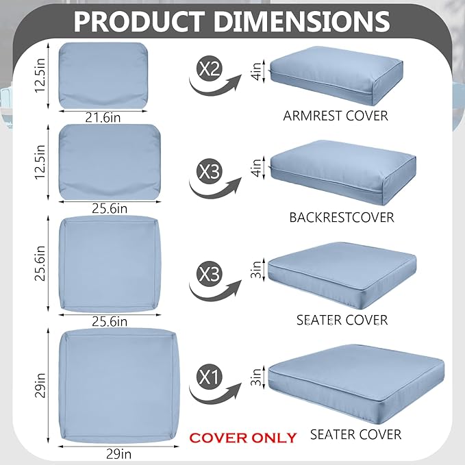 9 Piece Outdoor Patio Waterproof Cushion Covers, Fits 4-Seat Wicker Rattan Sectional Couch Chair Furniture Cover Replacement Set - Fade-Resistant Patio Cushion Covers with Zipper