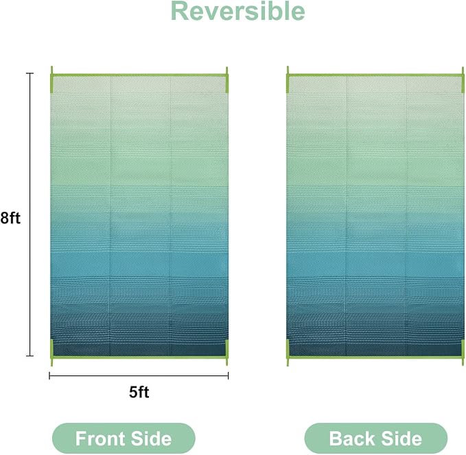 Anidaroel Ombre Outdoor Rug 5x8 for Patios Clearance, Waterproof Plastic Straw Outdoor Area Rug, Camping Rugs for Outside RV, Porch, Balcony, Pool Deck, Picnic, Camper(Blue&Green,5'x8')