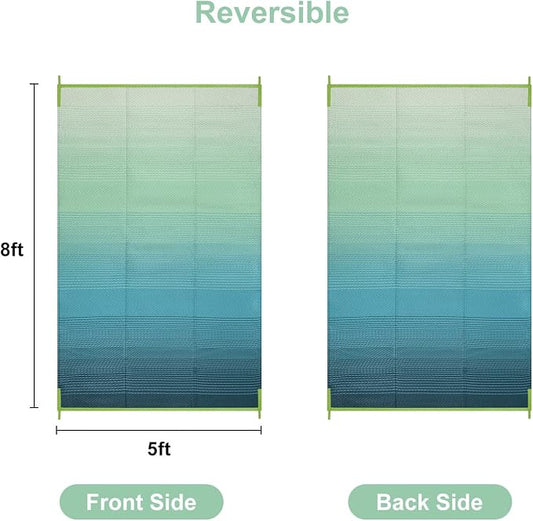 Anidaroel Ombre Outdoor Rug 5x8 for Patios Clearance, Waterproof Plastic Straw Outdoor Area Rug, Camping Rugs for Outside RV, Porch, Balcony, Pool Deck, Picnic, Camper(Blue&Green,5'x8')