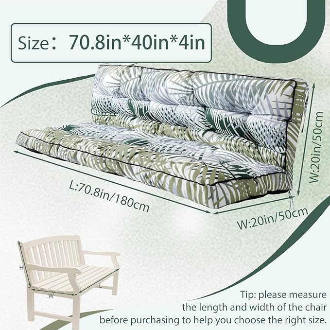 2/3 Seater Swing Replacement Cushion, Waterproof Porch Swing Cushions with Backrest, Thickened Bench Cushions for Outdoor Furniture, for Outdoor Patio Swing (Hawaii, 70.8 * 40in)