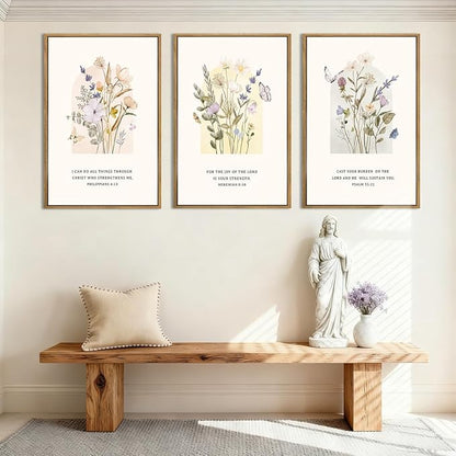 IARTTOP Large Christian Easter Wall Art Framed 16x24 Inch Set of 3 Floral Bible Verse Scripture Artwork Minimalist Botanical Religious Canvas Wall Decor for Church Living room Bedroom