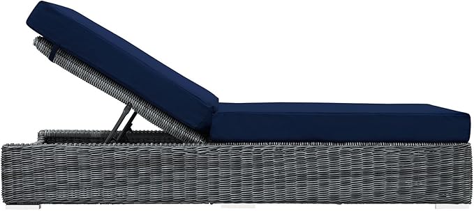 Modway Summon Wicker Rattan Aluminum Outdoor Patio Poolside Chaise Lounge Chair with Sunbrella® Fabric Cushions in Canvas Navy
