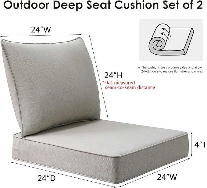 Sunbrella Outdoor Chair Cushions Set, 24" x 24", Set of 2, Water-Repellent, Fade Resistant, Deep Seat Bottom and Back Cushion for Backyard, Couch, Sofa and Patio Furniture, Specrtum Pebble