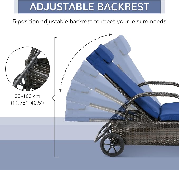 Outsunny Wicker Outdoor Chaise Lounge, 5-Level Adjustable Backrest PE Rattan Pool Lounge Chair with Wheels, Cushion & Headrest, Brown and Dark Blue