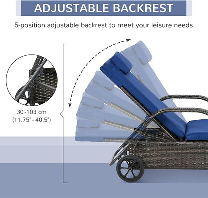 Outsunny Wicker Outdoor Chaise Lounge, 5-Level Adjustable Backrest PE Rattan Pool Lounge Chair with Wheels, Cushion & Headrest, Brown and Dark Blue