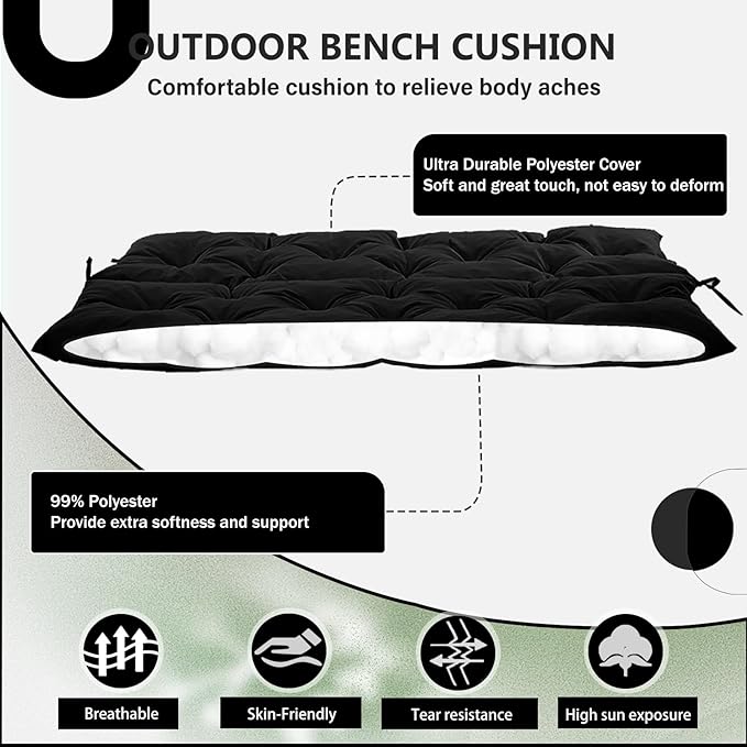 2/3 Seater Swing Replacement Cushion, Waterproof Porch Swing Cushions with Backrest, Thickened Bench Cushions for Outdoor Furniture, for Outdoor Patio Swing (Black, 60 * 40 in)