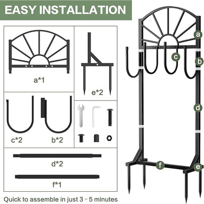 Garden Hose Holder, Upgraded Metal Water Hose Holder with 4 Hooks, Freestanding Heavy Duty Hose Hanger Stand Holds 150 FT Hoses, Detachable Hose Storage Rack for Outside Yard Lawn Farm (Black, Sun)