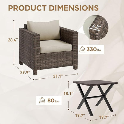 COOS BAY Lanai Chic 3 Piece Outdoor Bistro Set, Small Patio Conversation Set, Outdoor Patio Furniture, 2 Patio Chairs and Side Table, Brown/Beige