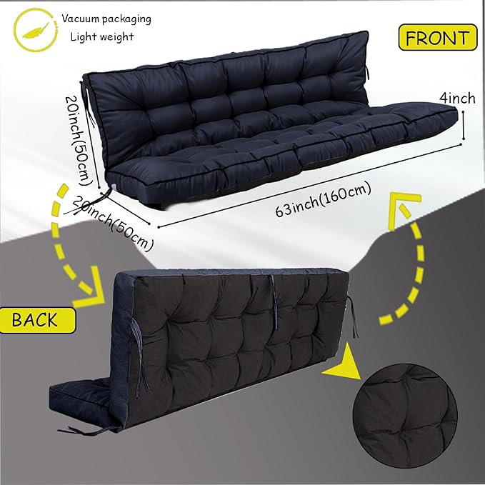 Porch Swing Cushion Three Seat, Waterproof Swing Cushions Replacement with Backrest, Outdoor Garden Furniture Patio 4" Thickened Cushions with Ties (Navy Blue, 40 x 63in)