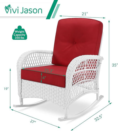 VIVIJASON Outdoor Wicker Rocking Chair, Patio Rattan Rocker Chair with Cushions & Steel Frame, All-Weather Rocking Lawn Rattan Furniture for Garden Backyard Porch (White Wicker/Red)