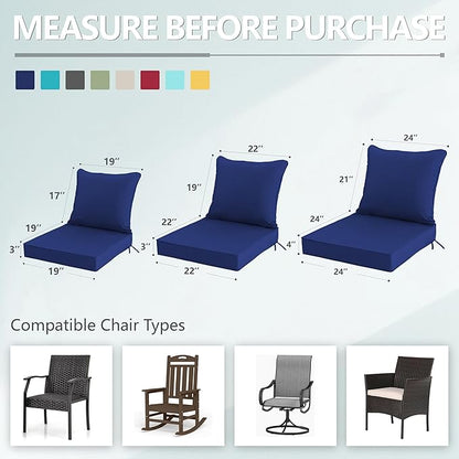 19x19 Inch Patio Chair Cushions Set of 4, Outdoor Furniture Cushions - Removable Cover, Water-Repellent, Fade-Resistant, Non-Slip Bottom & Straps, Replacement for Lawn, Porch & Deck Chair - Navy