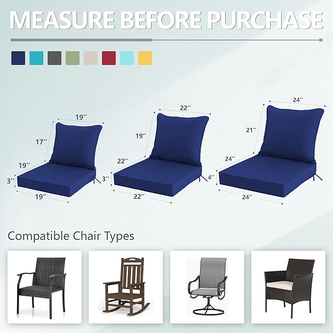 19x19 Inch Patio Chair Cushion with Removable Cover, Outdoor Furniture Cushion - Water-Repellent, Fade-Resistant, Non-Slip Bottom & Straps, Replacement for Lawn, Porch & Deck Chair - Navy