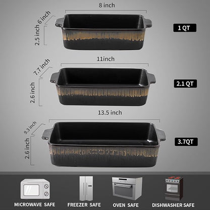 KOOV Bakeware Set, Ceramic Baking Dish, Rectangular Baking Pans Set, Casserole Dish for Cooking, Cake Dinner, Kitchen 9 x 13 Inches, 3-Piece, Stripe Series (Rough Black)