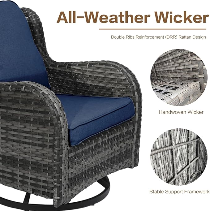 7 Pieces Outdoor Patio Furniture Conversation Set Rattan Wicker with Fire Pit Table, 3 Seat Sofa, 2 Swivel Rocker Chairs, 2 Ottomans and 1 Side Table for Yard Backyard (Grey/Navy Blue)