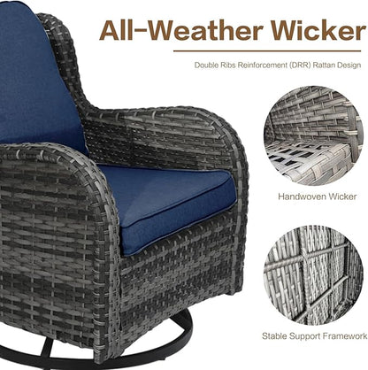 7 Pieces Outdoor Patio Furniture Conversation Set Rattan Wicker with Fire Pit Table, 3 Seat Sofa, 2 Swivel Rocker Chairs, 2 Ottomans and 1 Side Table for Yard Backyard (Grey/Navy Blue)