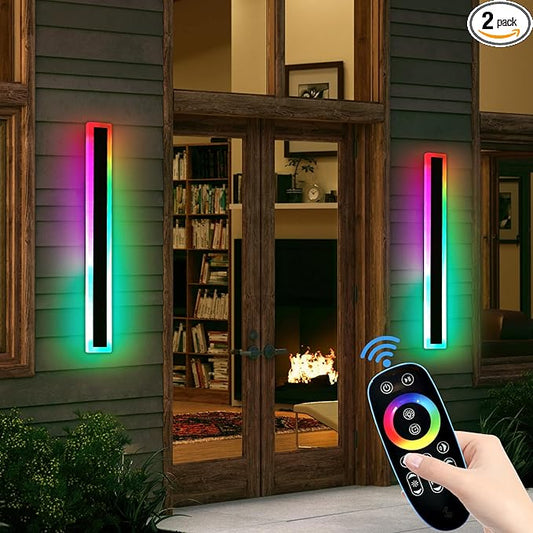2 Pack 31.4inch Modern Outdoor Wall Lights, RGB Dimmable LED Wall Sconce Light with Remote Control, 10 Colors, 5 Modes, IP65 Waterproof Exterior Light Fixture for Porch, Patio, Garage